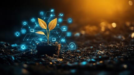 A Small Plant Growing with Futuristic Icons Representing Technology and Innovation