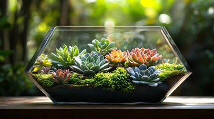 Canvas Print - A modern glass terrarium, showcasing succulents and moss arranged in precise geometric layers, with sleek reflective glass and vibrant green plants, sunlight filtering through the glass,