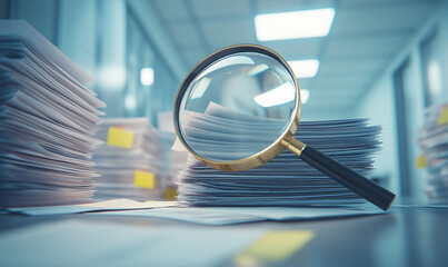 Wall Mural - a magnifying glass placed over a stack of documents in an office, symbolizing investigation, researc