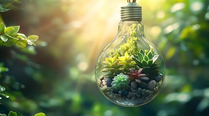 Canvas Print - A modern lightbulb terrarium with tiny succulents and natural stones, hanging by a thin wire, soft sunlight filtering through the glass,