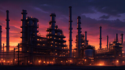 sunset in the industrial factory