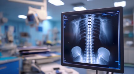Fototapete - A detailed spine X-ray is shown on a digital monitor in a well-lit medical examination room, showcasing the vertebral column and surrounding structures