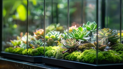 Poster - A modern glass terrarium, showcasing succulents and moss arranged in precise geometric layers, with sleek reflective glass and vibrant green plants, sunlight filtering through the glass,