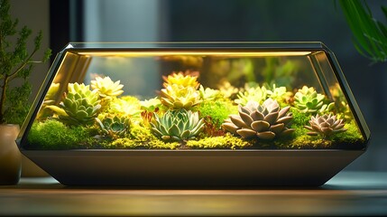 Poster - A modern tabletop terrarium with geometric layers of green succulents and soft moss, sleek glass container with sharp edges, illuminated by natural light from a nearby window,