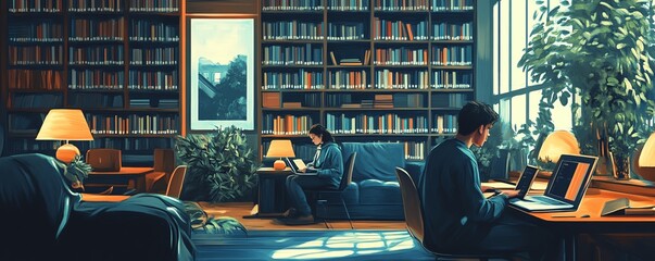 Aufkleber - Artistic depiction of a modern online library environment, with students studying from home using laptops and accessing digital resources for their education