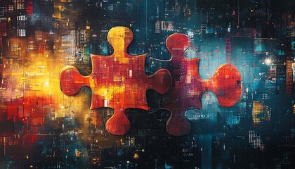 Leinwandbilder - Artistic representation of interlocking puzzle pieces symbolizing API integration, set against a dynamic abstract background filled with digital patterns and technology motifs