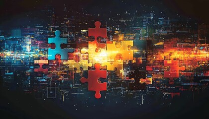 Leinwandbilder - Artistic representation of interlocking puzzle pieces symbolizing API integration, set against a dynamic abstract background filled with digital patterns and technology motifs