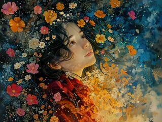 Poster - Dreamy Portrait of a Woman Surrounded by Flowers