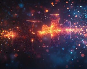 Leinwandbilder - Dynamic digital artwork illustrating the concept of API integration, featuring two puzzle pieces against a glowing abstract background, representing the future of connectivity