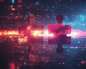 Leinwandbilder - Dynamic digital artwork illustrating the concept of API integration, featuring two puzzle pieces against a glowing abstract background, representing the future of connectivity