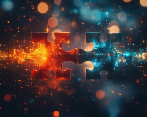 Leinwandbilder - Dynamic digital artwork illustrating the concept of API integration, featuring two puzzle pieces against a glowing abstract background, representing the future of connectivity