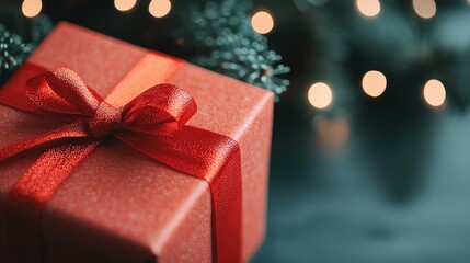 A red ribbontied gift under a glowing Christmas tree, soft evening light, closeup, cinematic angle