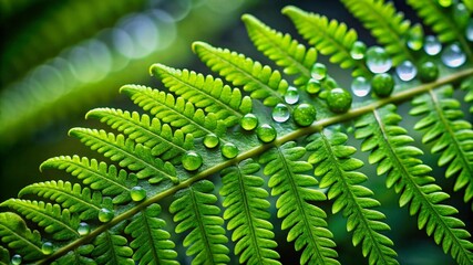 A close-up of raindrops on a green fern leaf in a dense rainforest