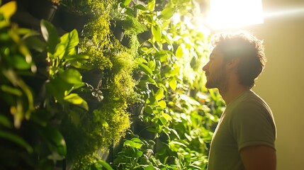 Poster - A modern vertical terrarium mounted on a wall, showcasing cascading vines and vibrant green moss, the plants elegantly spilling over the edges, with soft sunlight filtering through,