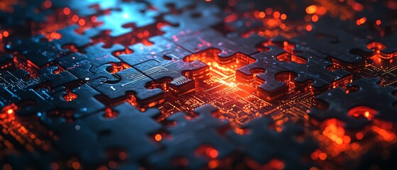 Wall Mural - illustration of api integration concept with puzzle pieces connecting on a hightech background, symb