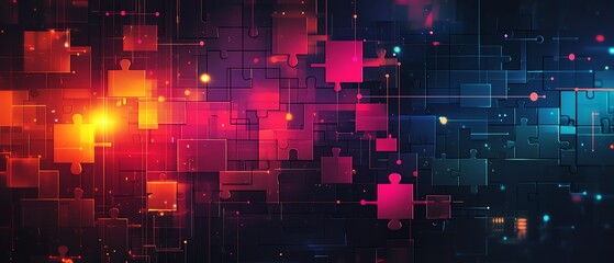 Leinwandbilder - Illustration of API integration concept with puzzle pieces connecting on a hightech background, symbolizing the fusion of different technologies for enhanced functionality