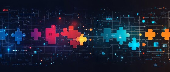 Leinwandbilder - Illustration of API integration concept with puzzle pieces connecting on a hightech background, symbolizing the fusion of different technologies for enhanced functionality