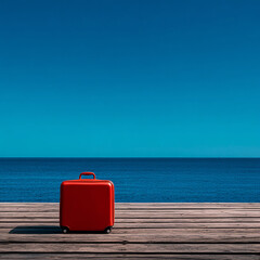 This image captures a vibrant red suitcase placed on a wooden deck overlooking a peaceful ocean symbolizing adventure and the joy of travel