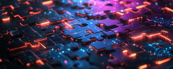 Poster - Modern graphic representation of API integration, showcasing interlocking puzzle pieces with glowing edges on a hightech abstract background to illustrate interoperability
