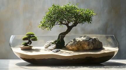 Poster - A serene terrarium styled as a zen garden, featuring a small bonsai tree, smooth river stones, and perfectly raked sand, the entire scene enclosed in a clear glass container,