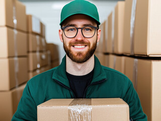 Poster - Cheerful delivery personnel holding a package in a warehouse full of cardboard boxes showcasing the importance of logistics and customer service in modern business operations