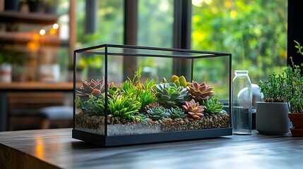 Canvas Print - A sleek DIY terrarium kit, including instructions, succulents, and decorative stones, all arranged in a modern glass container, soft light emphasizing the clean design and vibrant greenery,