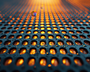Leinwandbilder - Exploring the intricate patterns of perforated metal surfaces illuminated by warm light and water droplets