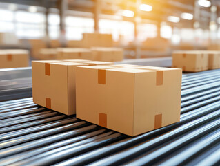 Poster - Efficient warehouse operations managing package flow on automated conveyor systems in modern logistics facilities
