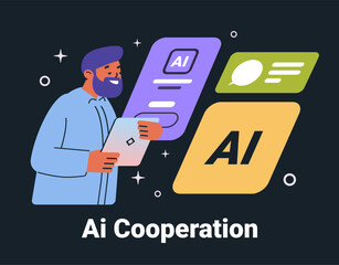 Wall Mural - ai cooperation business concept illustration man using tablet colorful interface elements dark backg