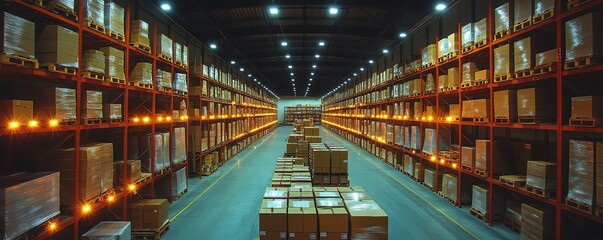 Aufkleber - Stateoftheart warehouse with automated systems sorting goods, illuminated by bright LED lights, highlighting cuttingedge technology and logistics innovation