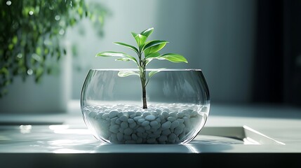 Canvas Print - A sleek, minimalist terrarium featuring one striking plant in the center, framed by smooth white pebbles, the clear glass container reflecting soft daylight, creating a calm,