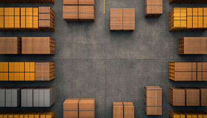 Poster - An aerial view of a warehouse featuring neatly stacked wooden pallets and organized storage space for efficient inventory management