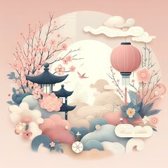 Wall Mural - Chinese and Japanese style nature pictures Has a pastel colored background. For various designs or festivals such as New Year, carnival, abstract.