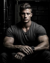 Wall Mural - a portrait of a man with a muscular build, seated in a black and white photo. He is wearing a gray shirt and has a watch on his left wrist.