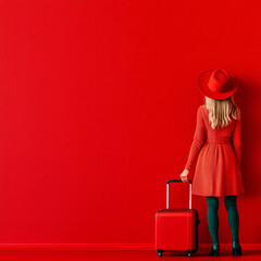 Explore the essence of vibrant fashion with a striking red backdrop showcasing a stylish individual ready for adventure blending color and travel in a unique expression