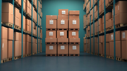 Poster - Efficient warehouse storage solutions maximizing space and streamlining logistics with stackable boxes and pallets