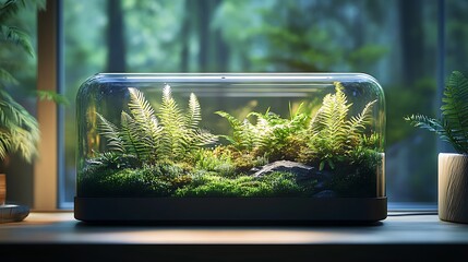 Sticker - A sleek terrarium filled with lush ferns and moss, softly illuminated by warm LED lights, casting soft shadows and reflections on the glass, the light creating a peaceful, glowing forest-like scene.