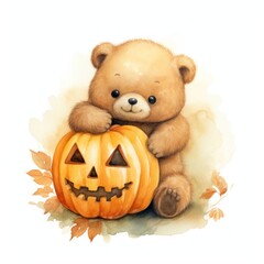 Canvas Print - Bear hugging halloween pumpkin cartoon cute toy.