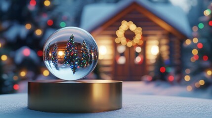 Leinwandbilder - A snow globe sits on a golden base in the snow.