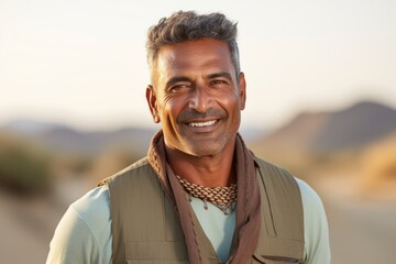 Wall Mural - Portrait of a smiling indian man in his 40s dressed in a breathable mesh vest in serene dune landscape background