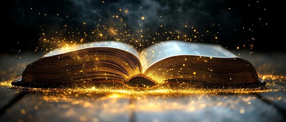 Poster - Spellbinding image of an open book on a table, glowing with enchanting light, surrounded by twinkling stars and sparkling dust, inviting dreams and imagination