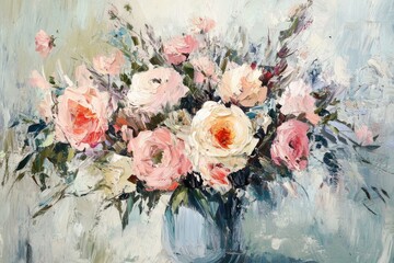 Wall Mural - Abstract floral arrangement in soft, muted colors with dynamic brushstrokes
