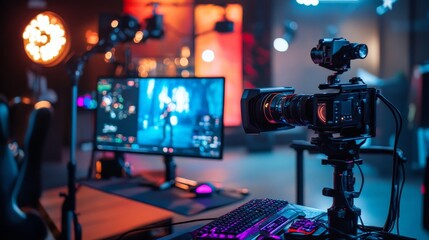 A shot of a professional streaming setup, with cameras, lights, and a vibrant gaming environment