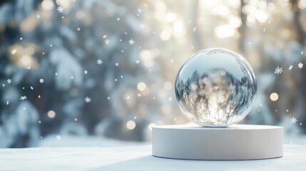 Fototapete - A clear glass sphere sits on a white pedestal, against a blurry backdrop of a snowy forest. The sphere reflects the snowy environment, and snowflakes fall around it.