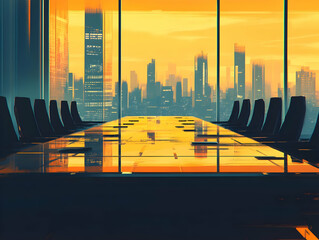 A modern conference room with a city skyline at sunset.