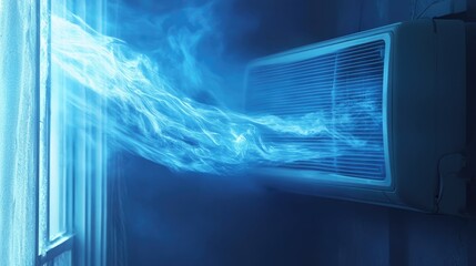 Wall Mural - Crisp, frosty tendrils of air emanate from an air conditioner, creating a refreshing, cool atmosphere with vibrant blue light waves.