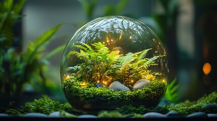 Wall Mural - A terrarium with tiny LED lights creating a glowing effect on moss, stones, and ferns, the soft lighting highlighting the textures and greenery,