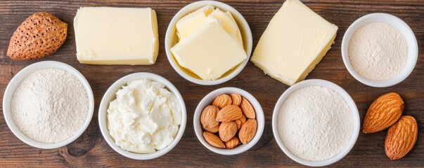 A variety of baking ingredients including butter flour almond meal and nuts arranged neatly on a wooden surface