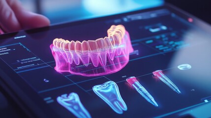 Fototapete - A dental professional reviews a 3D teeth model on a tablet in a modern clinic, showcasing advanced technology during a patient consultation and highlighting innovative practices.