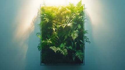 Poster - A vertical glass terrarium with cascading ferns and moss, mounted on a clean white wall, natural light highlighting the vibrant greenery,